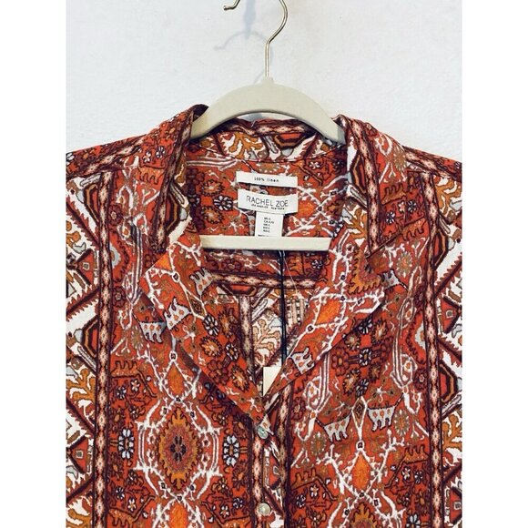 Rachel Zoe Top Womens Large Red Aztec Linen Button Up Boxy Boho Beachy Tribal - Picture 2 of 6